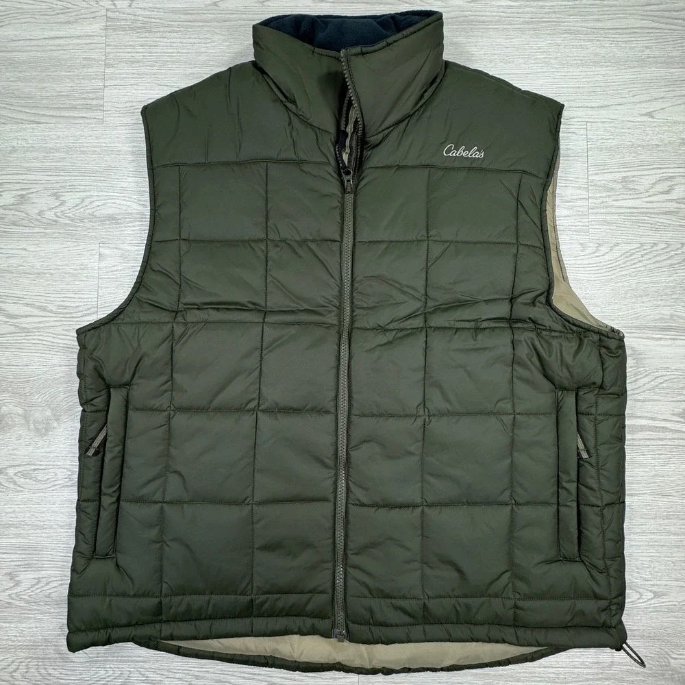 Cabelas Men's Puffer Vest Quilted Insulated Fleece Lined Full Zip Green Sz Large